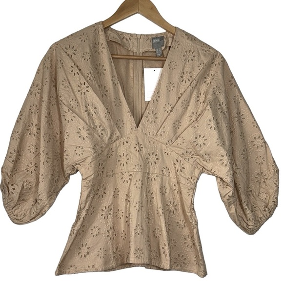 ASOS Tops - ASOS Eyelet Top NWT Women’s 4 Stone Tan Ruched Puff Sleeve Vneck Back Zipper